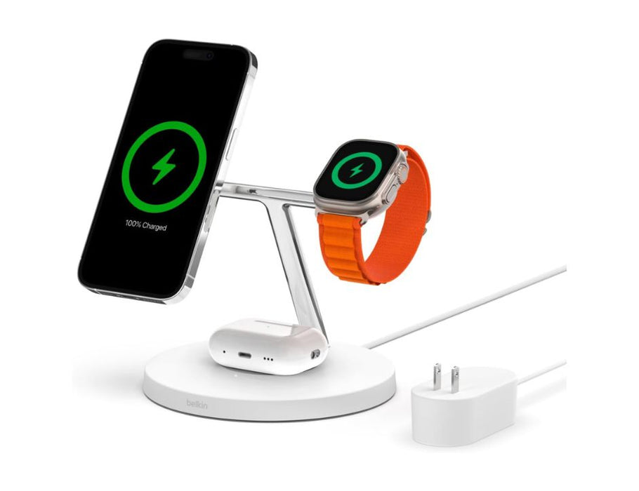 Belkin Boost Charge Pro 3-in-1 Wireless Charging Stand with MagSafe Faster Wireless Charging Up To 15 W- Color: White