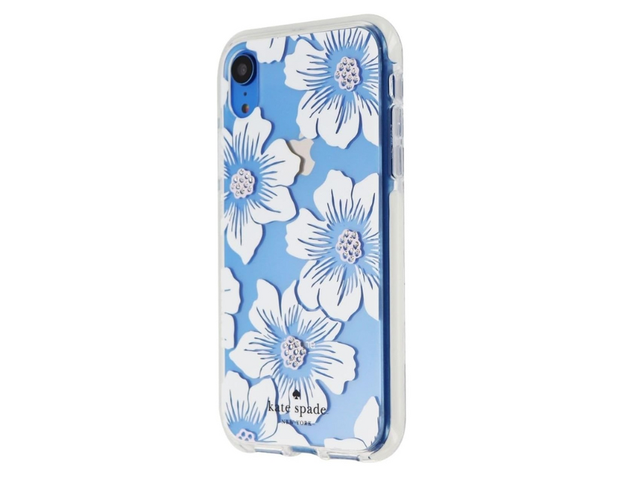 Kate Spade New York Defensive Hardshell Case for iPhone XR | White Hollyhock Floral Clear with Shiny Dots
