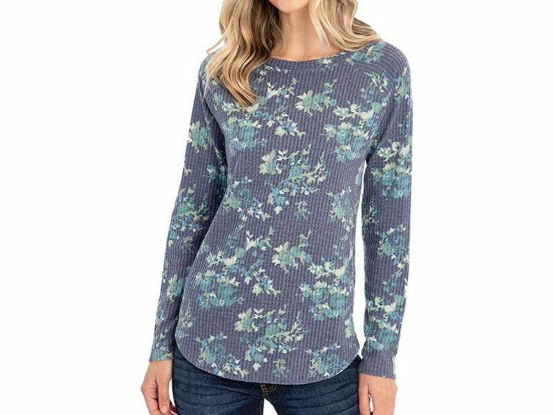 Peace & Pearls Waffle Knit Tunic Blurred Floral Print Small