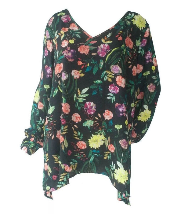 Chelsea & Theodore Women's Top Black Multi Painterly Floral XXL