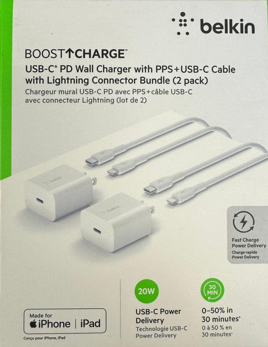Belkin Boost Charge USB-C PD Wall Charger With PPS + USB-C Cable With Lightning Connector Bundle (2 Pack), Color: White