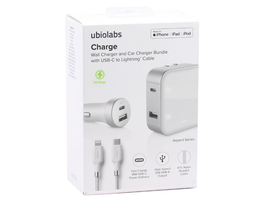 Ubio Labs Charge Wall Charger And Car Charger Bundle With USB-C to Lightning Cable | Color: White