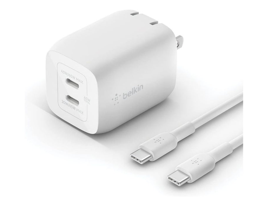 Belkin BoostCharge Pro GaN Dual Wall Charger 65W + USB-C To USB-C Cable For Apple,Samsung, Google - Color : White