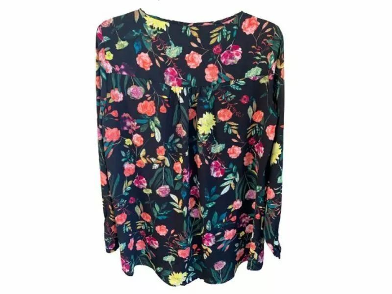 Chelsea & Theodore Women's Top Black Multi Painterly Floral L