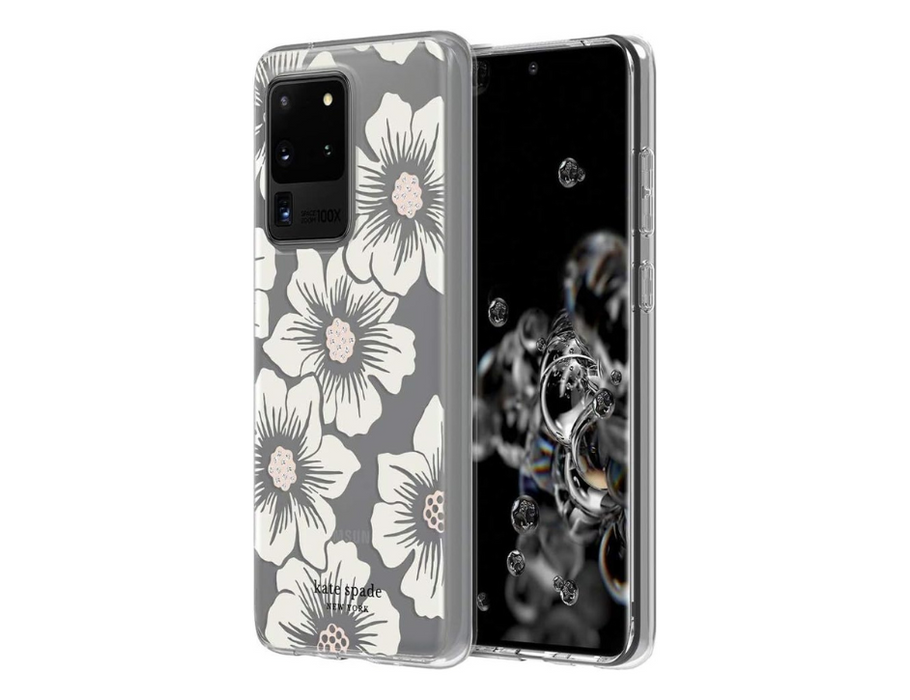 Kate Spade Defensive Hardshell Case for Samsung Galaxy S20 Ultra | White Hollyhock Floral Clear